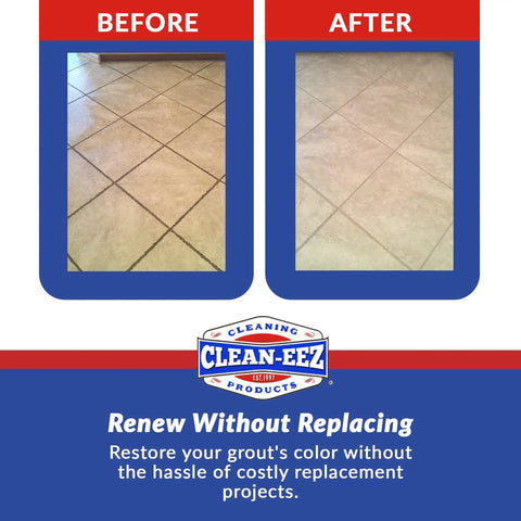 Before and after results using Grout And Tile Cleaner With Handheld Brush, 32 Oz Heavy Duty Stain Remover, on tiled surface.