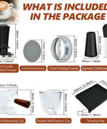 Contents of 7 Piece 51mm Espresso Accessories Kit With Spring Loaded Calibrated Tamper WDT Tool Dosing Funnel 75ml Dosing Cup