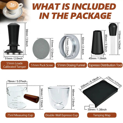 Contents of 7 Piece 51mm Espresso Accessories Kit With Spring Loaded Calibrated Tamper WDT Tool Dosing Funnel 75ml Dosing Cup