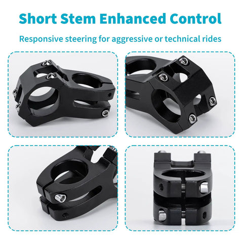 Collage of Lightweight Aluminum Mountain Bike Stem, 31.8mm Handlebar Clamp, 28.6mm Steerer Clamp, 45mm Length, side and top views.