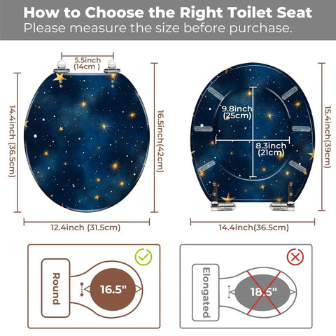 Instructional guide on measuring a Round Resin Toilet Seat for Bathroom with size specifications for correct fit.