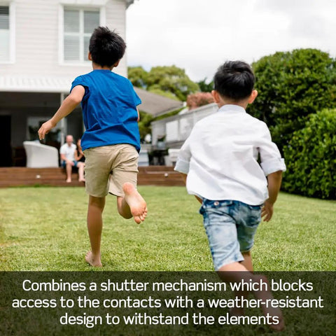 Children playing in backyard, highlighting the safety and durability of a weather resistant GFCI outdoor outlet for outdoor use.