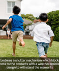 Killer Slim GFCI Weather And Tamper Resistant Outlet 20 Amp shown in outdoor setting with children running nearby.