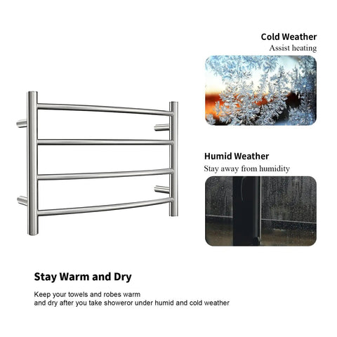 Brushed Nickel Wall Mounted Towel Warmer Rack Electric Stainless Steel Four Curved Bars For Bathroom Plug In 40W ETW29