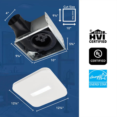 Dimensions of CleanCover Bath Fan With 80 CFM Exhaust, Ultra Quiet 0.7 Sone, Energy Star Certified, illustrating size and certifications.