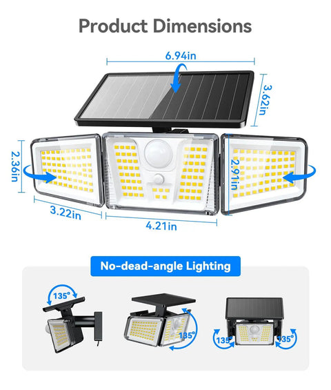 Built Tough 210 LED Solar Flood Lights With Snappy Motion Sensor And All Season Waterproof Housing Three Head 300 Degree Wide Sweep Captures Activity Around Backyard Patio Driveway Or Garage Entry Stalwart Two Pack Finished In Glossy Black