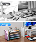 Before and after desk setup with 4-Tier Paper Organizer With Magazine Holder, Desktop Storage With Multiple Compartments For A4 Papers, Files, Books, And Office Accessories, Black Desk Organizer To Tidy Up Your Workspace.
