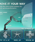 Heavy Duty Monitor Arm for 24 to 57 Inch Screens, showing tilt, swivel, and rotation adjustments for optimal setup.