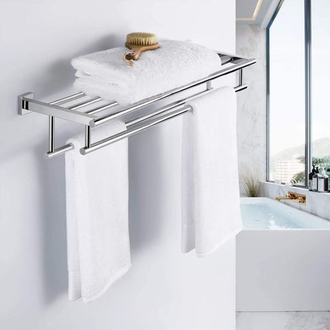 Two Towel Rack With Dual Bars And A 20 Inch Shelf For Bathroom Wall Mount In Rustproof SUS304 Stainless Steel Brushed Finish