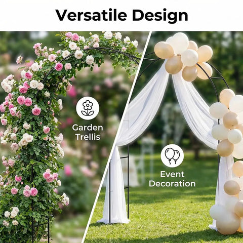 Rust-Resistant Galvanized Metal Garden Arch Trellis, 4.6 Ft Wide By 7.6 Ft Tall in use with roses and event decor.