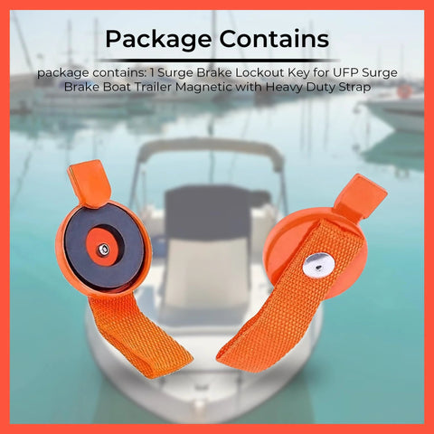 Front view of a pair of orange Bistras Surge Brake Lockout Keys with magnetic straps for UFP surge brake boat trailers