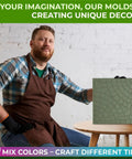 Man showcasing DIY Concrete Molding Set with cobblestone mold on table, ideal for creating walkways and patios.