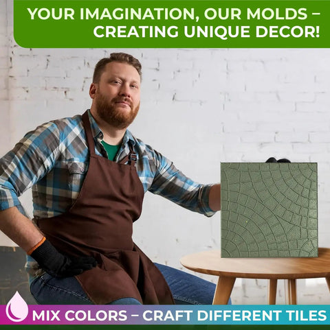Man showcasing DIY Concrete Molding Set with cobblestone mold on table, ideal for creating walkways and patios.