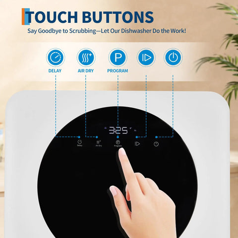 Plug And Play Portable Countertop Dishwasher touch panel with program, air dry, and delay buttons for easy use.