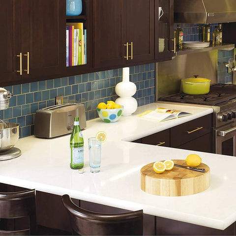 Brushed Gold Cabinet Pulls 5 Pack, 11 Inch Overall Length, 8 Inch Center To Center Hole Spacing shown in modern kitchen setting