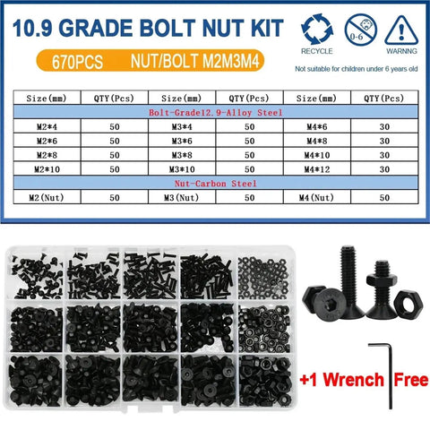 Flat Head Hex Bolt Nut Set Kit M2 Through M6 Black Grade 10.9 Steel Countersunk Socket Screws For DIY Metalworking Projects And Your Go-To Heavy Duty Fastening For Automotive And Home Projects And Quick Install Applications. black bolt and nut assortment with organizer