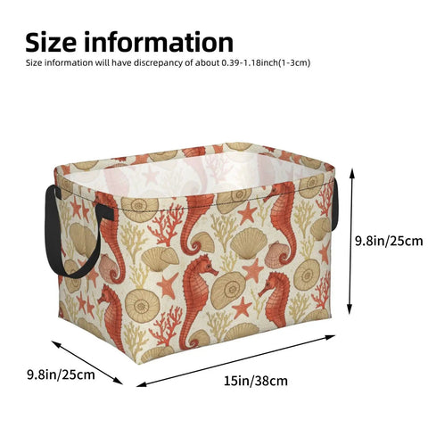 Premium Rectangular Storage Basket For Home Organization Waterproof Fabric Bin With Bold Print Design dimensions showing 9.8x15 inches.