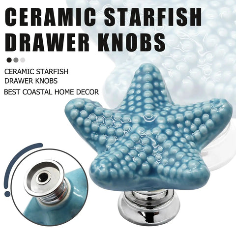 Super Snazzy Coastal Blue Ceramic Starfish Drawer Knobs 4 Pack With Solid Zinc Alloy Mounts For Kitchen Cabinet Makeover Legit Glossy Finish close-up of starfish knob with metallic mount