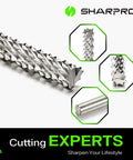 Side view of SHARPRO tungsten carbide burr with 1/8-inch shank; close-ups show cutting teeth and end.
