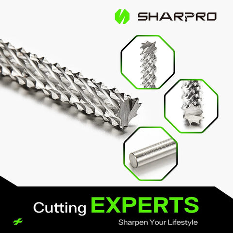 Side view of SHARPRO tungsten carbide burr with 1/8-inch shank; close-ups show cutting teeth and end.