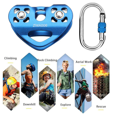 Zipline Pulley System With 30KN Double Tandem Trolley And 25KN Carabiner For Quarter Inch Five Sixteenths Inch Three Eighths Inch And Half Inch Cable Built Tough Outdoor Rescue Gear CE Certified, shown with different adventure scenarios.