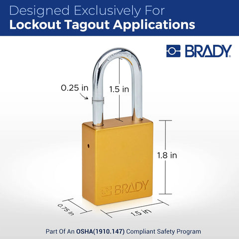 Lockout Tagout Padlock Set Six Pack Yellow Keyed Alike With Two Keys Per Lock OSHA Compliant Safety Locks Aluminum Bodies And Steel Shackles Brass Key Retaining Cylinders shown with dimensions