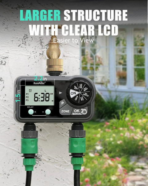 Brass Two Station Hose Timer With Large Digital Display Six Programmable Programs Per Day And Delay Start Manual And Auto Irrigation Modes for garden