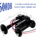 Hella Loud Badass 12V Car Air Horn With Integrated Compressor And Dual Trumpets Super 120dB Waterproof Road Alert For Trucks And Rides Certified Heavy Duty Black showing dual trumpets and compressor with wiring.
