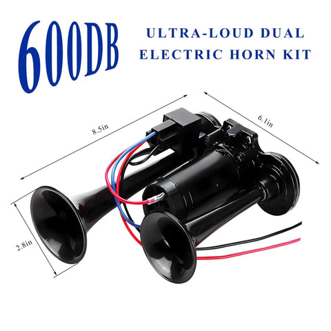 Hella Loud Badass 12V Car Air Horn With Integrated Compressor And Dual Trumpets Super 120dB Waterproof Road Alert For Trucks And Rides Certified Heavy Duty Black showing dual trumpets and compressor with wiring.
