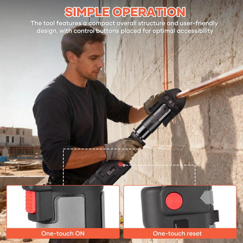Man using Straight Up Knockout Cordless Pro Press Copper Crimper Tool featuring brushless motor on copper piping.