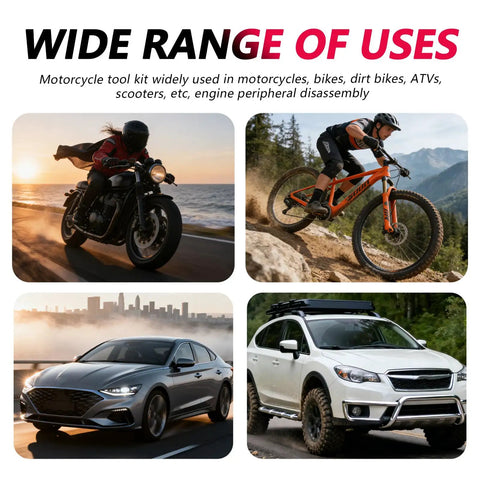 Wide range of uses for Ride Ready 8 Piece Motorcycle Tool Kit With Storage Bag Includes Wrenches Screwdriver Pliers Spark Plug Socket Set