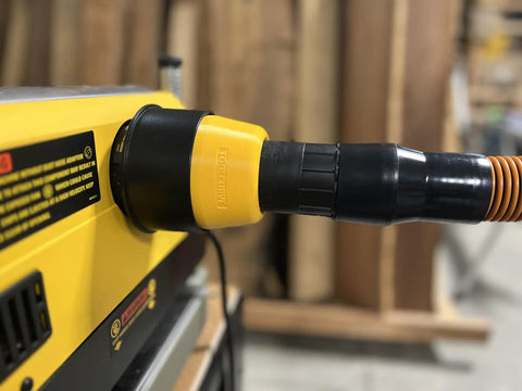 Two And A Half Inch Hose Adapter For Planer Dust Port Fits 735 And 735X Quick Friction Fit Secure Connection Keeps Dust Down No Mess Made In USA Keeps Your Shop Clean And Air Fresh installed on planer