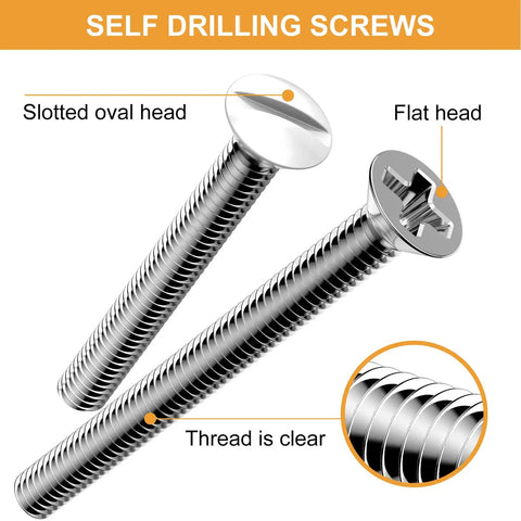 Straight Up Heavy Duty White Outlet Screws Kit For Wall Plate And Device Mounting Extra Long Machine Fasteners With Slotted Oval Heads showing slotted oval and flat head designs.