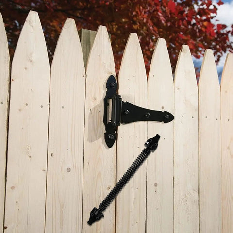 14 Inch Beefy Heavy Duty Self Closing Gate Spring For Wood And Vinyl Fences, Adjustable Tension, Rust Resistant Steel Outdoor Gate Closure Hardware, 4 Pack on white picket fence