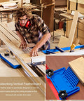 Heavy Duty Stackable Featherboard With Adjustable Miter Tracks And Dead Nuts Accurate Wood Holding Grip For Router Tables in use on workshop table.