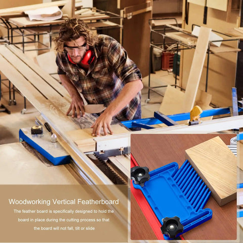 Heavy Duty Stackable Featherboard With Adjustable Miter Tracks And Dead Nuts Accurate Wood Holding Grip For Router Tables in use on workshop table.