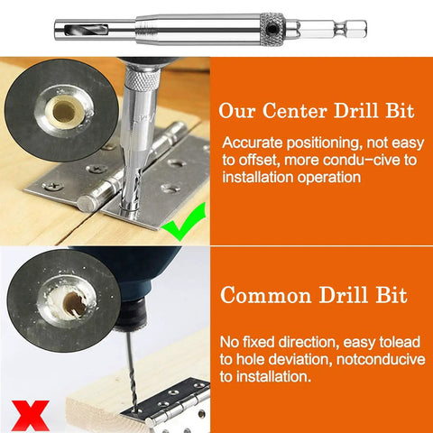 Comparison of 3 Piece HSS Self Centering Hinge Drill Bit Set for Woodworking and common drill bit in accuracy and positioning.