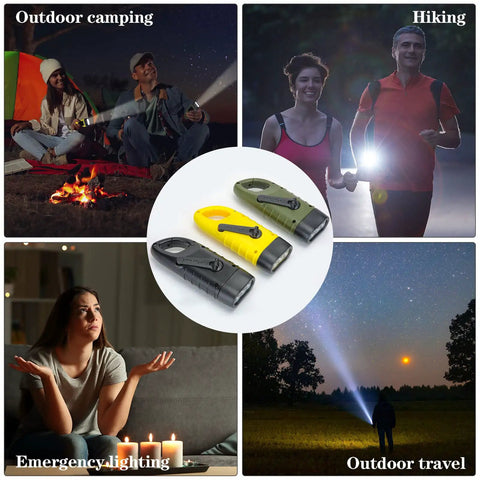 Collage of six-pack hand crank solar powered LED flashlights for emergency use, showcasing camping, hiking, and night safety uses in green, yellow, black.