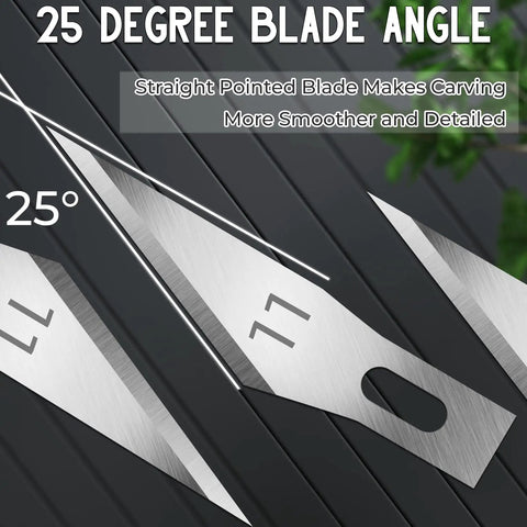 Close-up of 100 Pack Exacto Knife Blades Number 11 Replacement Blades showing 25-degree angle for precise DIY cutting projects.