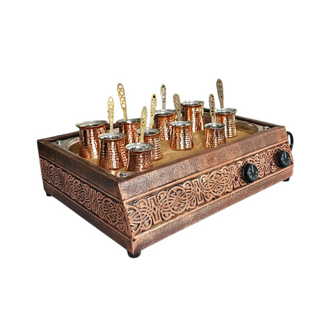 Authentic Turkish Copper Electric Hot Sand Coffee Maker Heater For Ottoman Style Use 110V 220V Dual Voltage Includes Ten Turkish Coffee Pots Durable Copper Finish Makes It A Showpiece For Your Kitchen And Cafe