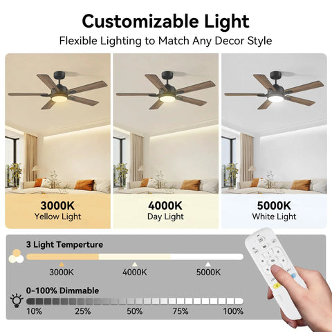 Customizable light settings for 52 Inch Smart Ceiling Fan With Lights Remote Quiet DC Motor Indoor Outdoor Modern Farmhouse Style