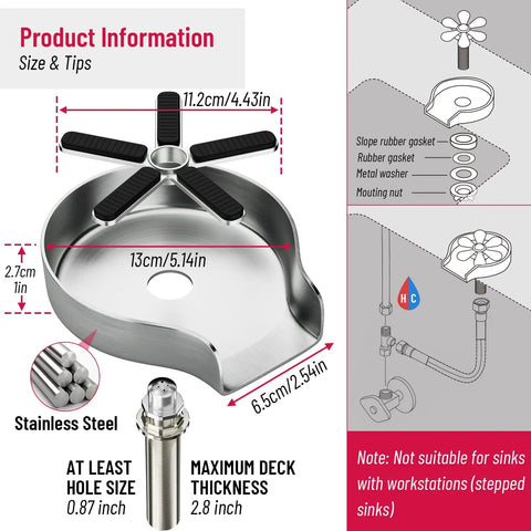 Diagram of Premium Stainless Steel Kitchen Sink Glass Rinser with measurement details and installation parts.