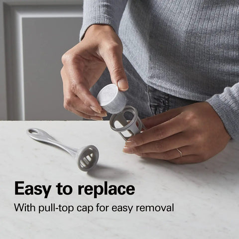 Person holding Charcoal Water Filter Replacement Pods With Handle, 2 Pack, Improves Coffee Flavor By Removing Chlorine, Impurities.