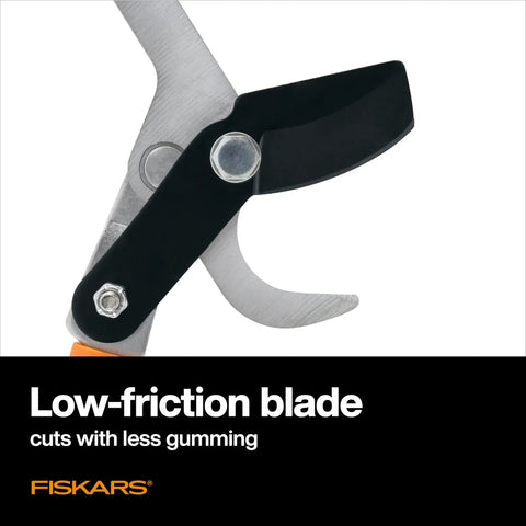 Close-up of the Go-To 28-Inch Power-Lever Bypass Lopper blade emphasizing low-friction cutting for tree trimming.