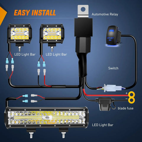12 Inch 300W LED Light Bar Spot Flood Combo Kit With 2 Pcs 4 Inch 60W LED Pods Boat Driving Fog Lights Off Road Wiring Harness 3 Leads For Trucks SUVs ATVs UTVs Golf Carts Vans Campers 4x4 wiring harness with relay, switch, and fuse