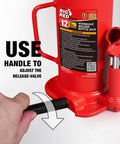 Red 12-ton hydraulic bottle jack with black handle; Torin BIG RED brand.
