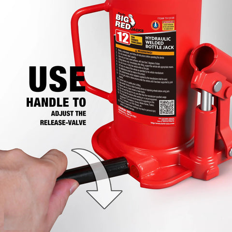 Red 12-ton hydraulic bottle jack with black handle; Torin BIG RED brand.