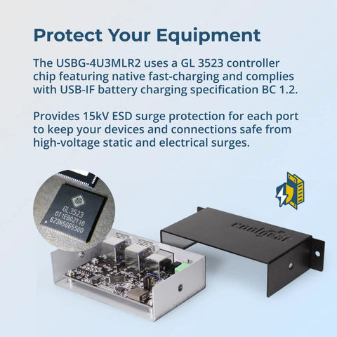 Heavy Duty Four Port USB 3.0 Hub Drives Serious 5Gbps Speeds featuring GL3523 chip with 15KV ESD shielding.