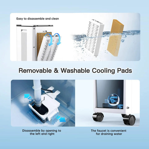 Portable Windowless Air Conditioner 3 In 1 Swamp Cooler with removable washable cooling pads and draining faucet detail