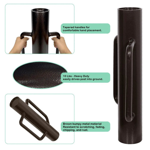 Heavy Duty T Post Driver With Handle, Fence Post Pounder, Steel Post Hole Digger, Hand Rammer For T Posts, U Channel And Wooden Posts, 16.8 Inch, Built Tough With Scratch Resistant Black Coating with close-up of brown metal material and handles.